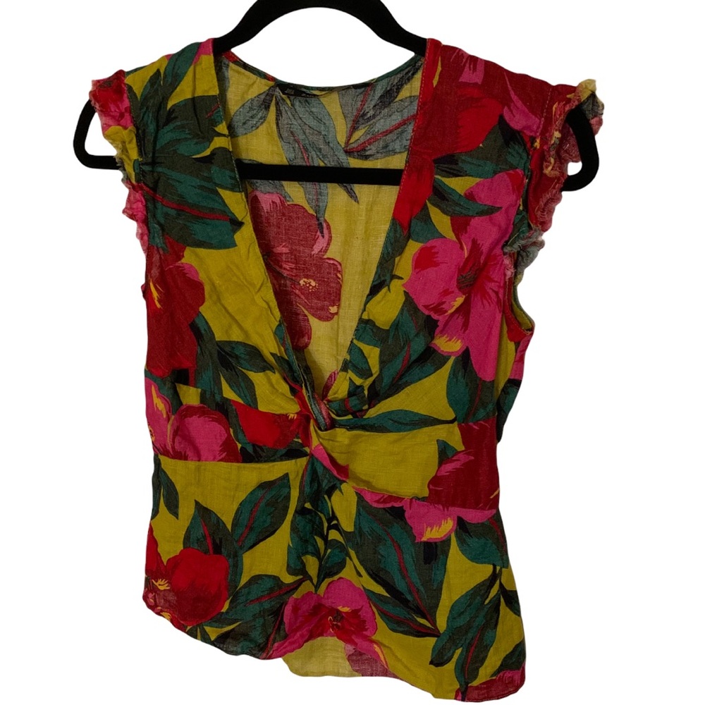 Zara Basic Green and Pink Linen Sleeveless Blouse